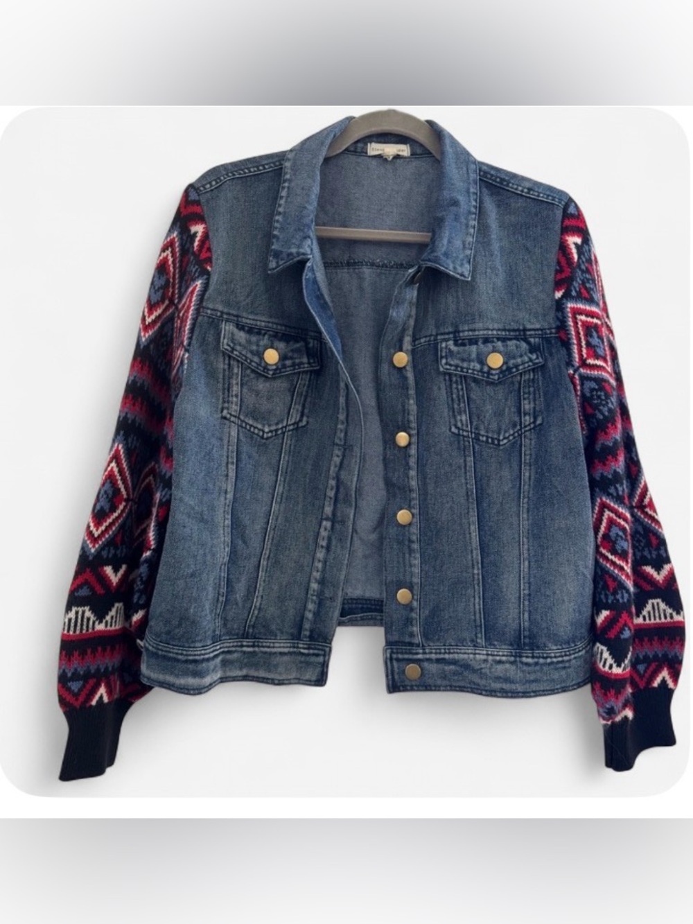 Stevie Hender Mixed Media Knit Balloon Sleeve Denim Jacket L Boho Western Aztec